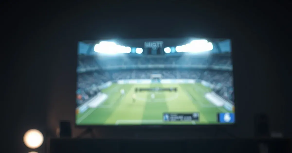 A discarded cable remote in shadow beside a glowing streaming setup lit by stadium-blue light from a live match on the TV