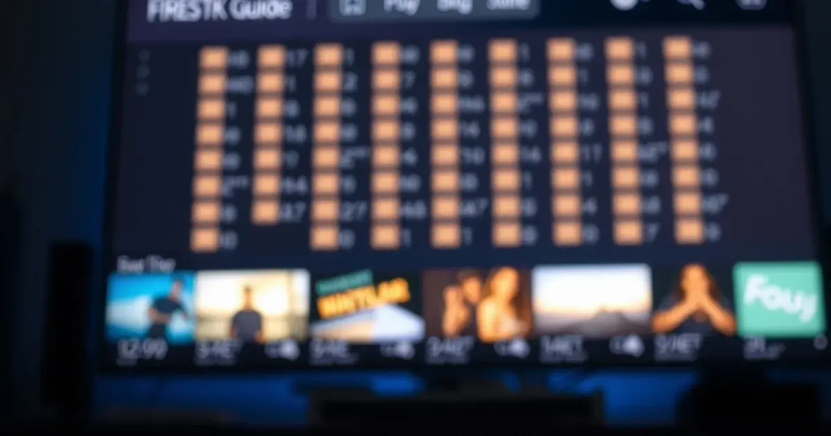 A Firestick remote on a table with a TV program guide grid glowing softly on the screen in a dark room