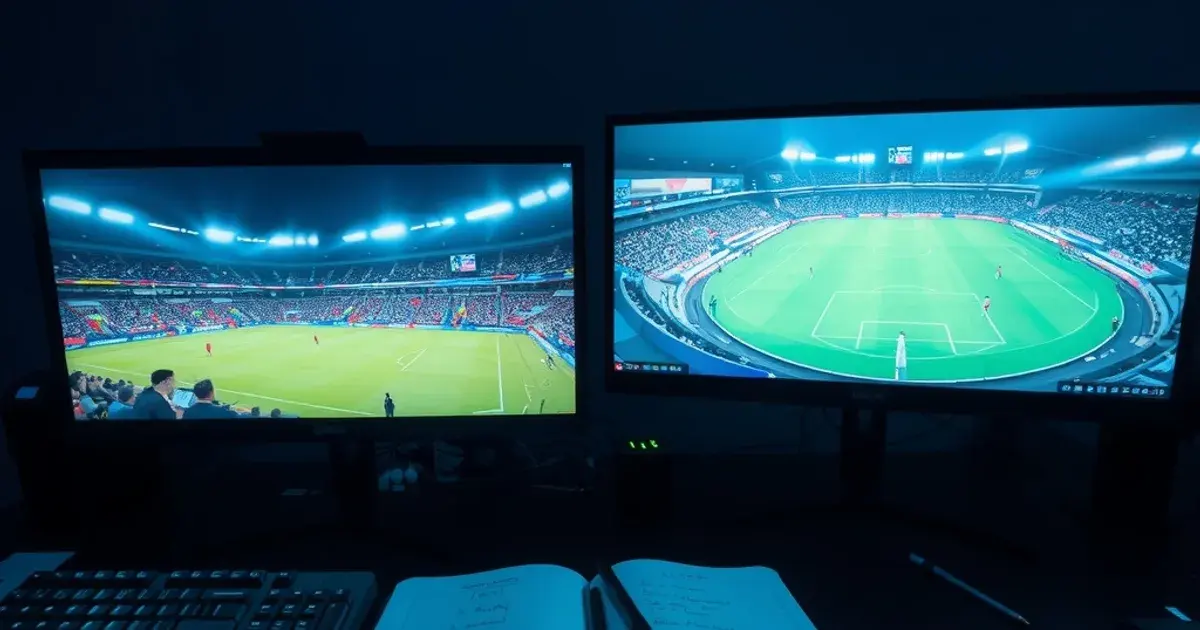 Two streaming setups side by side on a dark desk at night, each screen showing a different live match, a notebook logging test days between them, cool blue lighting