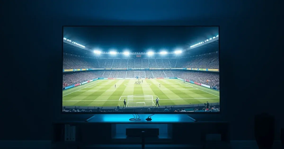 A dark home theater with a 4K TV showing a wide football pitch broadcast, an ethernet cable running to a streaming box below it