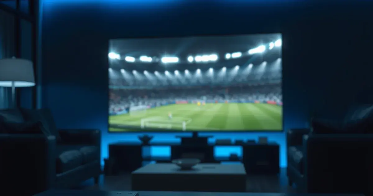 Dark living room at night with a football match glowing on a large TV and remotes resting on a table in the foreground