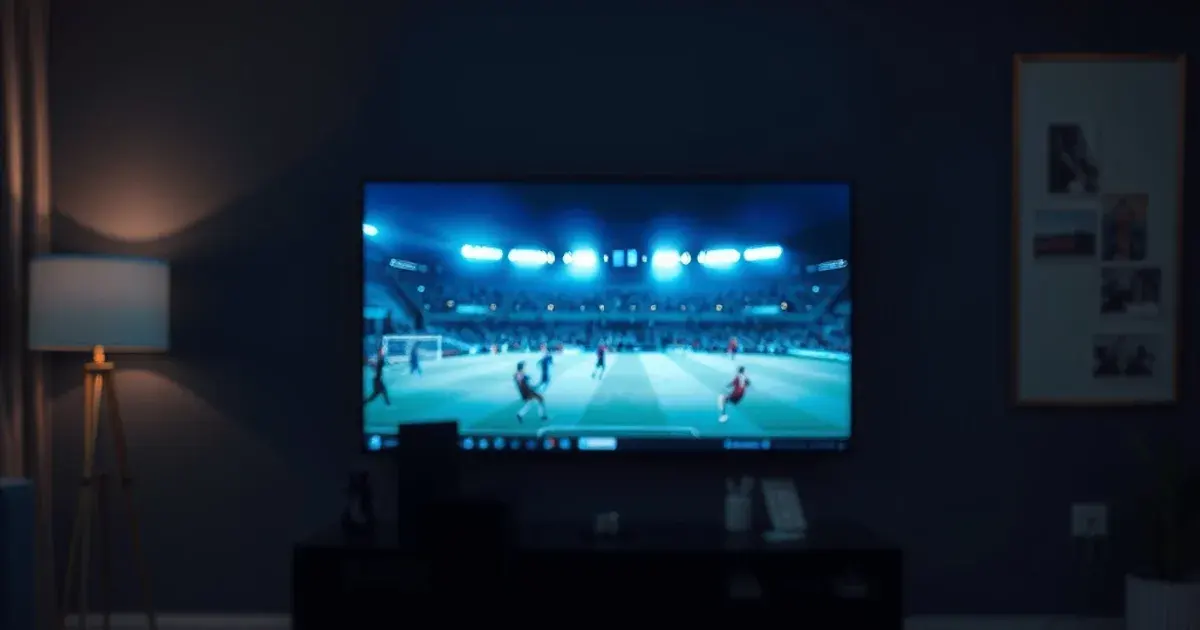 A dark living room lit by a wall-mounted TV streaming a live football match at night