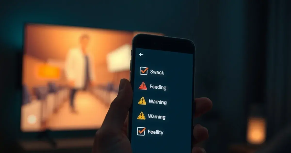Close-up of a hand holding a smartphone with glowing checkmark and warning icons, a TV glowing softly out of focus in a dark room behind it
