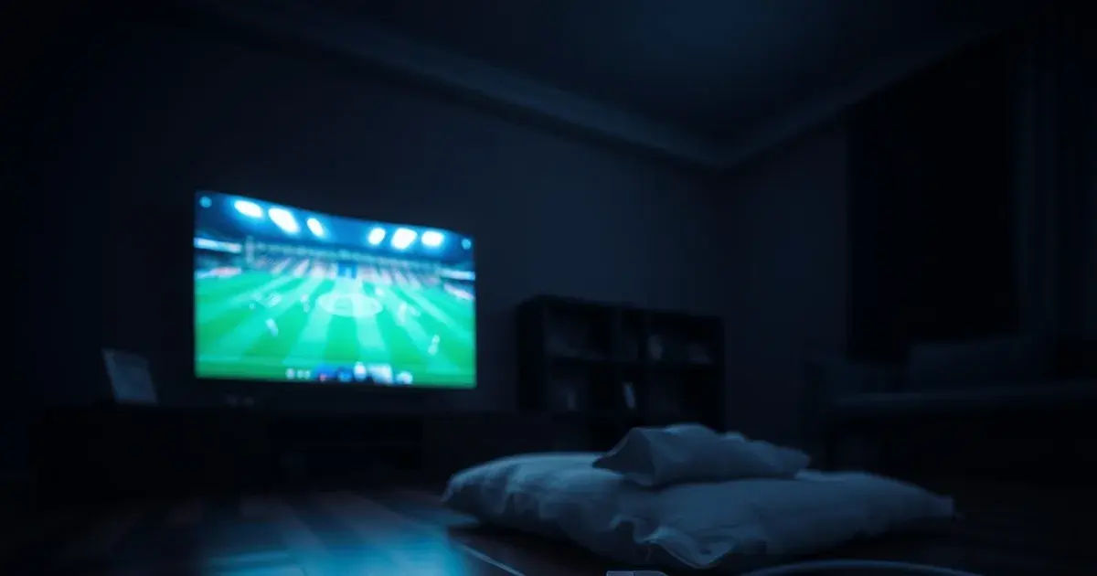 An ethernet cable running along a dark living room floor toward a TV glowing with a live football match