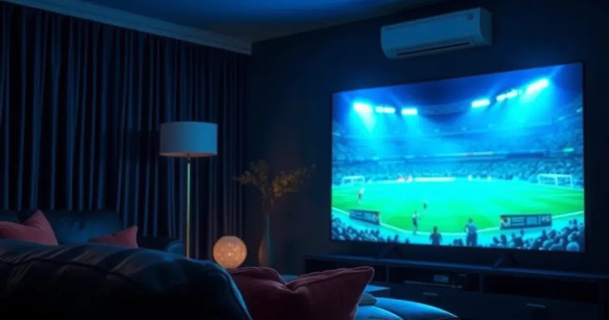 A dark living room lit by the glow of a TV showing a floodlit football match at night