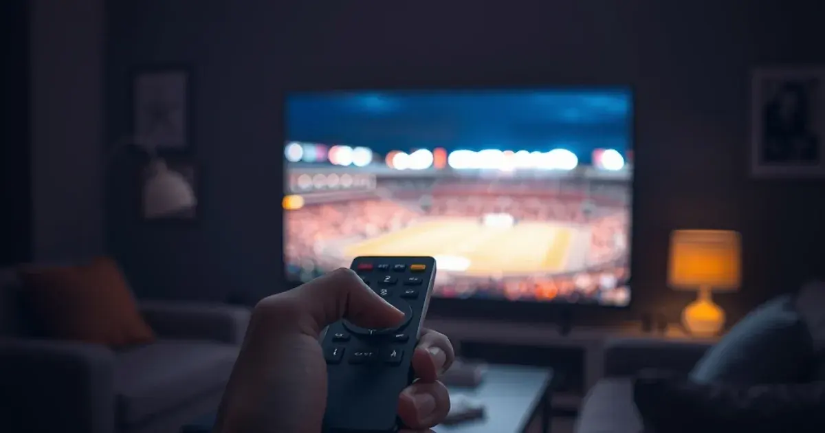 A remote control held up in a dark living room with a stadium scene glowing softly on the television in the background