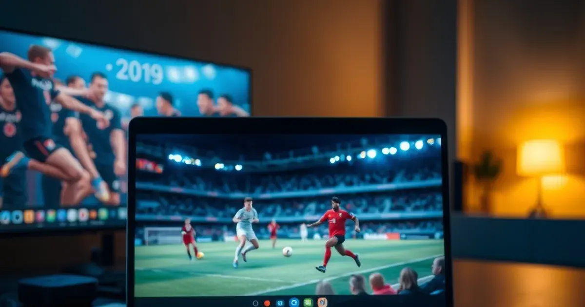 A MacBook glowing with a live soccer match streaming at night, an Apple TV and television visible in the blurred background