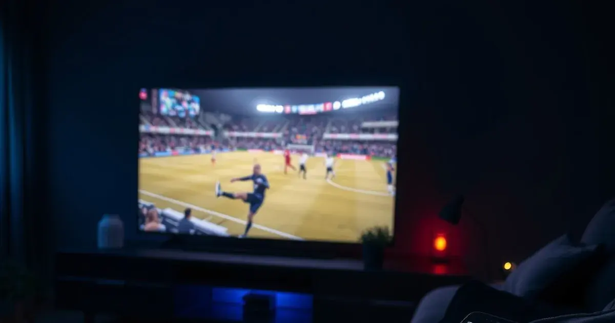 A dark living room at night lit by a TV streaming a live football match, with a smartphone on the couch armrest
