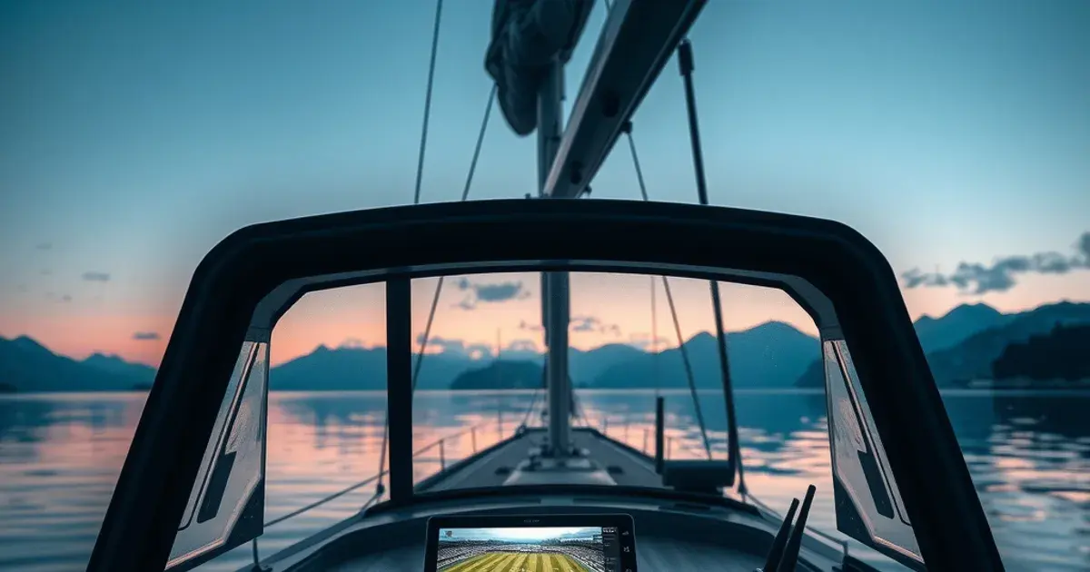 A boat cockpit at dusk in a Nordic fjord with a streaming setup glowing near the helm as a match plays on a small onboard screen