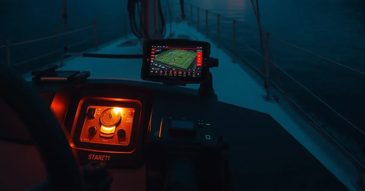A weatherproof streaming device mounted in a sailboat cockpit glows with a live match as dusk falls over a Nordic fjord.