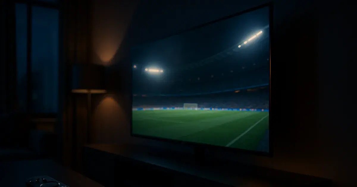 Dark, cinematic living room scene with a wall-mounted TV glowing with a football broadcast and a streaming remote resting on a console table in the foreground