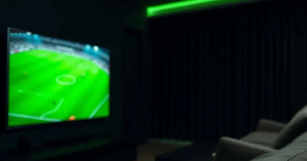 A dark living room lit only by a wall-mounted TV showing the green glow of a football pitch, with a streaming remote control in the foreground