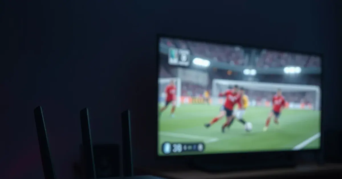 A router with glowing lights connected by Ethernet cable to a streaming device, with a live soccer match glowing on a TV in a dark room