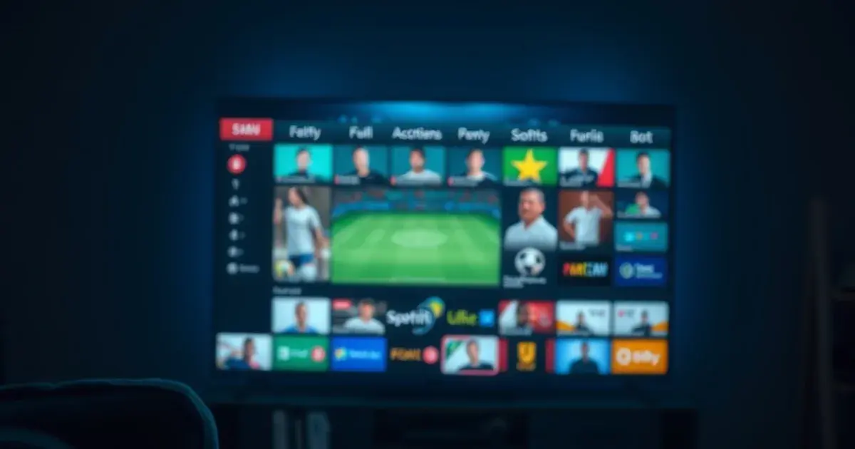A dark living room at night with a TV displaying an abstract sports streaming app interface via a Firestick, remote control in the foreground