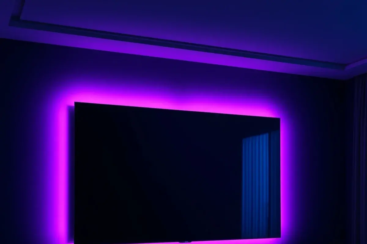 Close-up of a sharp, high-contrast television picture with a purple and cyan glow reflected on a dark wall