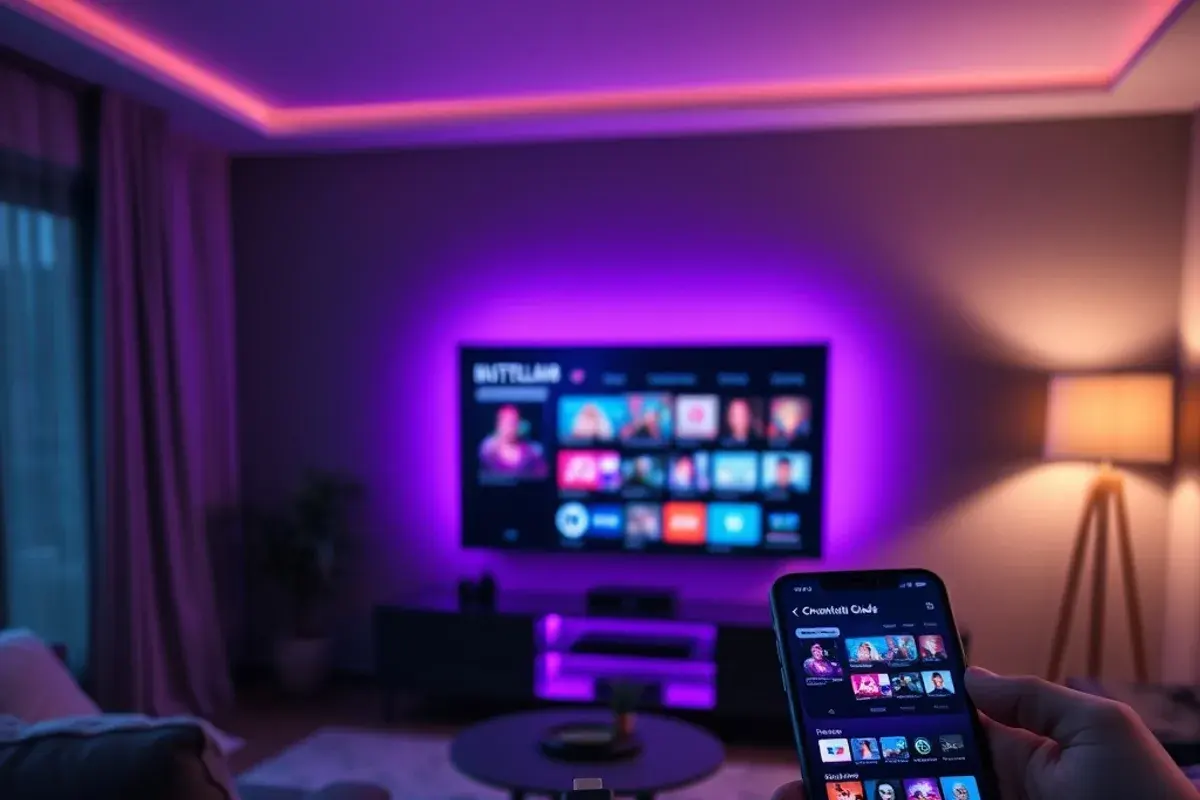 A streaming stick plugged into a TV and a smartphone showing the same channel guide, purple and cyan glow