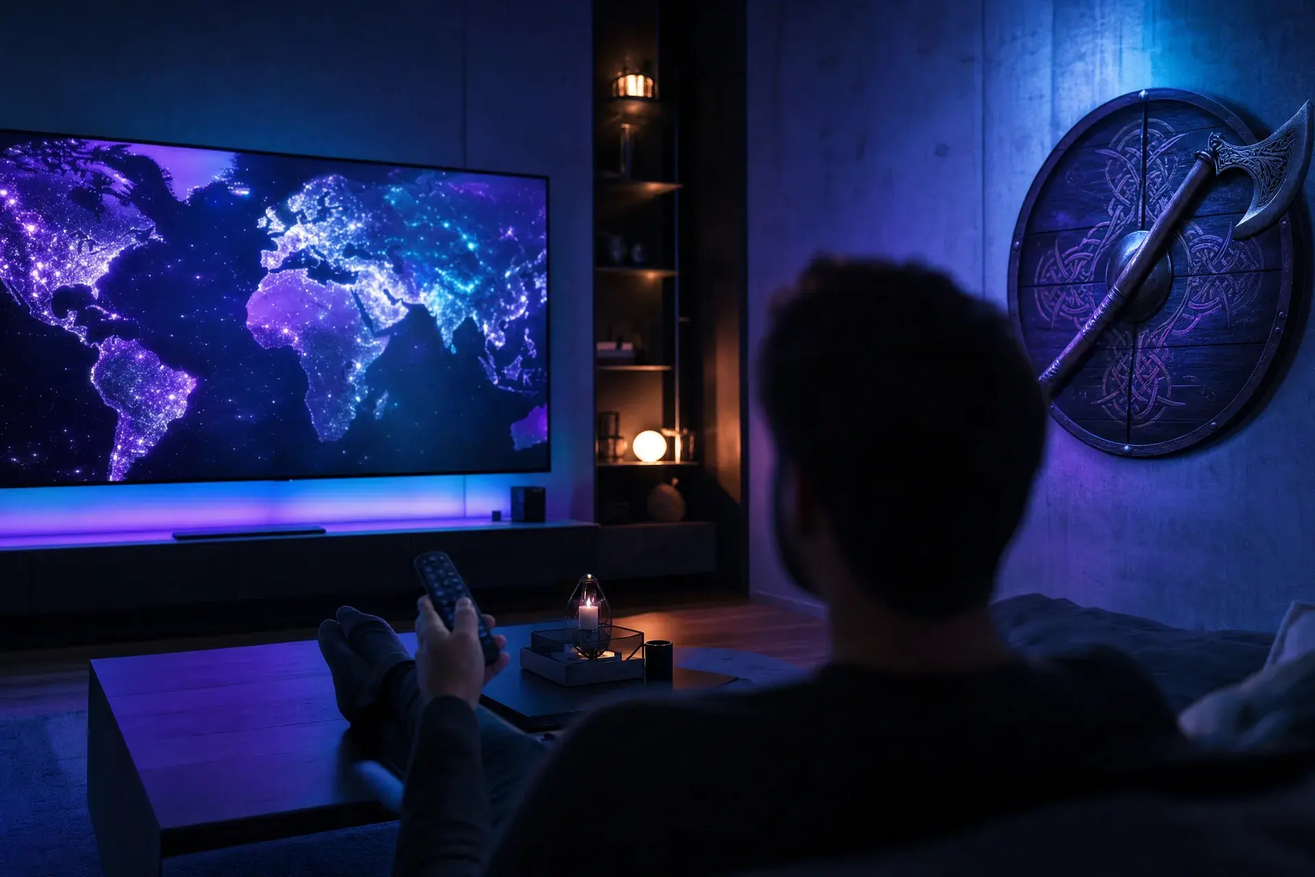Large flat-screen TV glowing electric purple and cyan light across a dark navy modern living room, a Viking shield-and-axe wall piece beside it