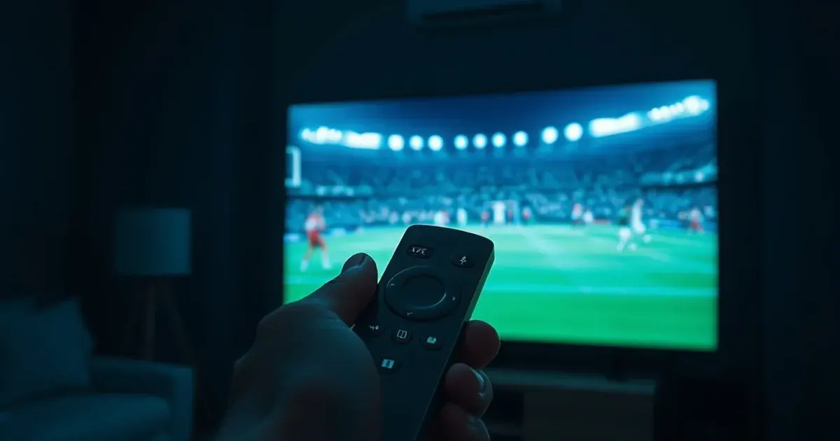 A hand pointing a streaming remote at a TV showing a live football match in a dark room lit by the screen glow