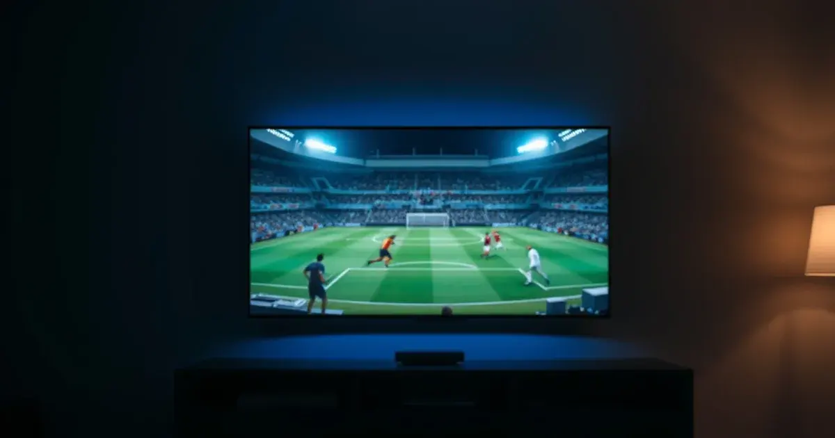A dark living room lit by a wall-mounted TV streaming a football match in 4K, remote control resting on a table in the foreground