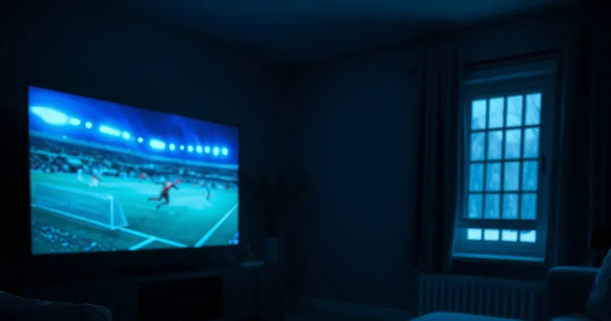 A dark Nordic living room lit by a television showing a live football match, with a streaming remote in the foreground