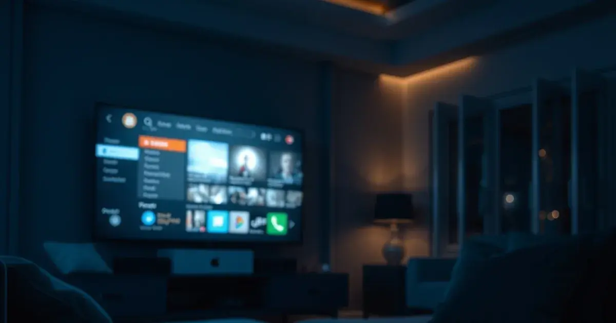 Dark modern living room at night with a glowing TV screen and a smartphone showing a privacy shield icon on the side table
