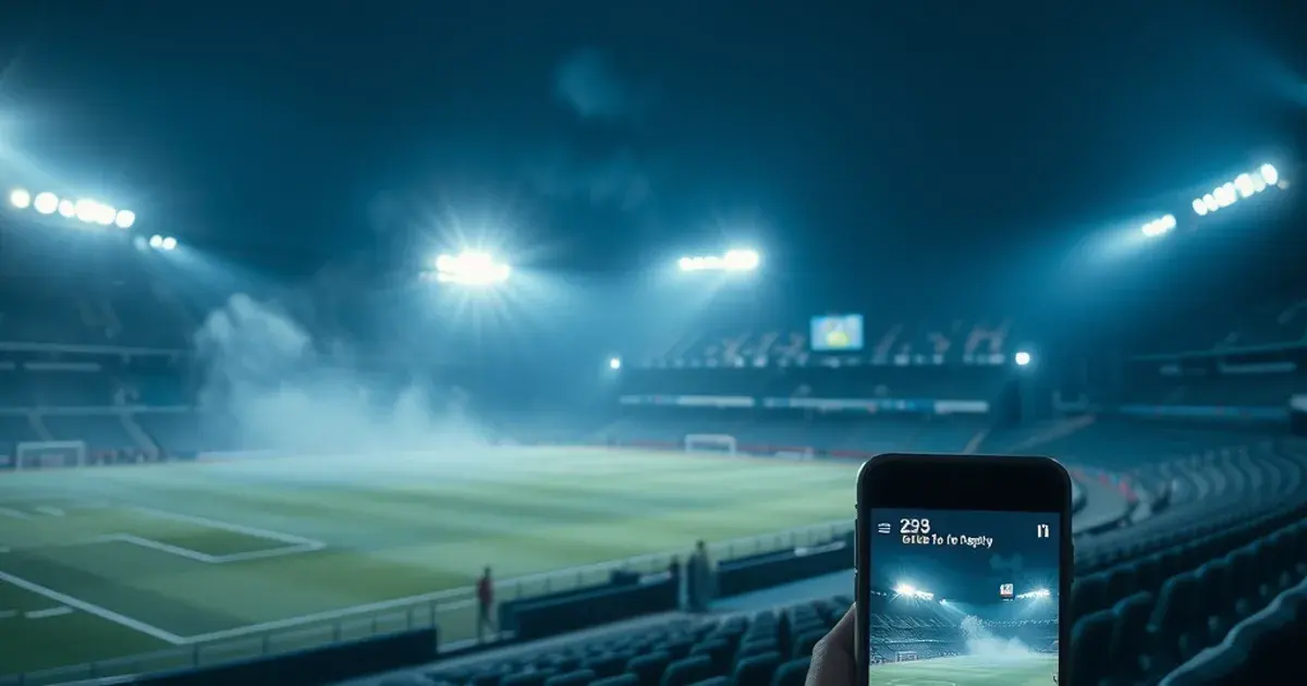 A floodlit Nordic football stadium at night with mist over the pitch and a glowing phone streaming the match in the foreground