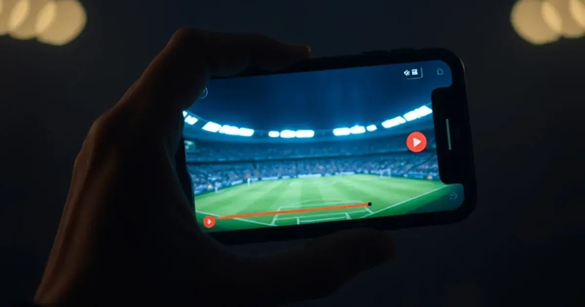 A hand holding an iPhone streaming a live football match, screen glow lighting a dark moody background