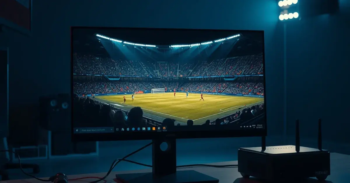 A desktop PC monitor streaming a live football match at night, with an ethernet cable connecting the computer to a router in the background