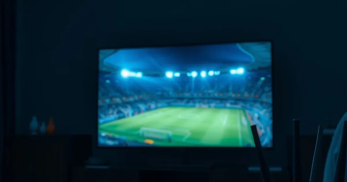 A dark living room at night lit by a television showing a floodlit football pitch, with an ethernet cable and router glowing softly in the foreground
