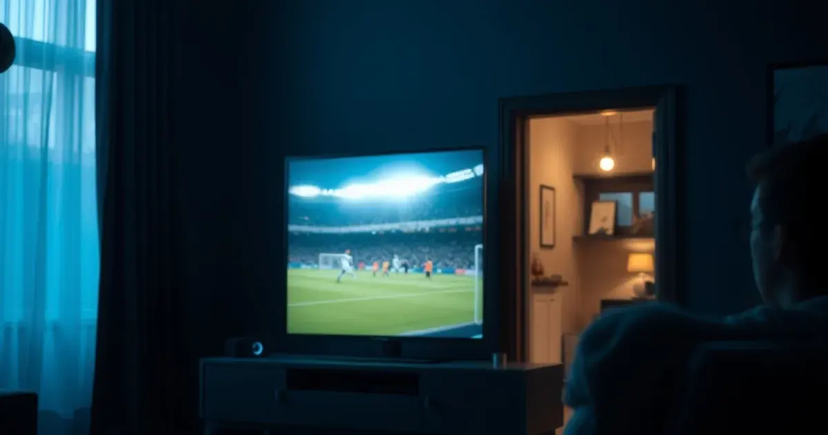 A dark living room lit by the glow of a football match on a large TV, with a second screen glowing in a background room and networking equipment visible near the TV stand